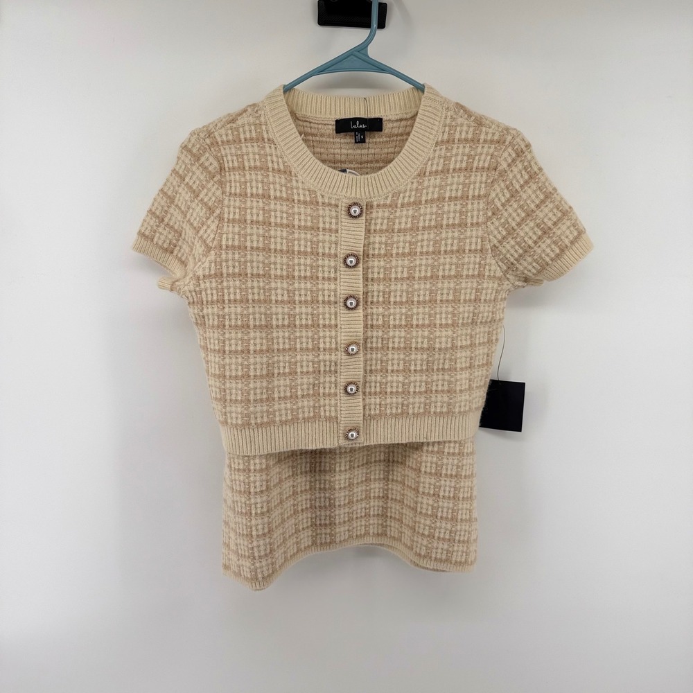 Lulus Enviably Luxury Beige Plaid Two-Piece Sweater Mini Skirt and Cardigan NWT